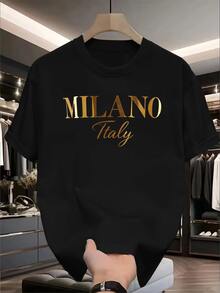 IslaSuriya Men's Summer Letter Print Round Neck Short Sleeve Casual Street Wear Versatile T-Shirt Day Black And Gold - Black - View 5