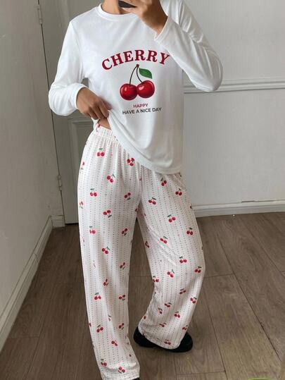SHEIN Cottnline Conjunto de 2 peças para mulher em algodão branco com letra CHERRY, camisa de manga comprida de gola redonda e calças de manga comprida com padrão de cereja