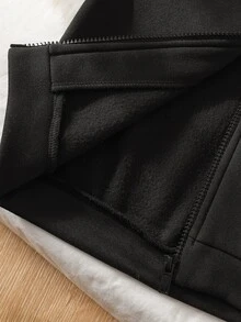 SHEIN 男童秋冬新款長袖連帽衛衣套裝，黑色連帽白色對比拉鍊衛衣搭配白色條紋拼接黑色長褲，兩件式舒適休閒套裝，適合日常穿著、居家穿著，兄弟款情侶配對 - 黑色 - 查看 8