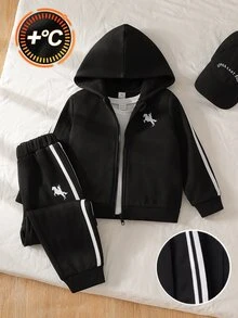 SHEIN 男童秋冬新款長袖連帽衛衣套裝，黑色連帽白色對比拉鍊衛衣搭配白色條紋拼接黑色長褲，兩件式舒適休閒套裝，適合日常穿著、居家穿著，兄弟款情侶配對 - 黑色 - 查看 2