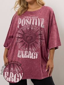 EMERY ROSE Plus Size Women Heart Pattern Print Casual Loose Mid-Length Short Sleeve Round Neck T-Shirt - Dusty Pink - View 1