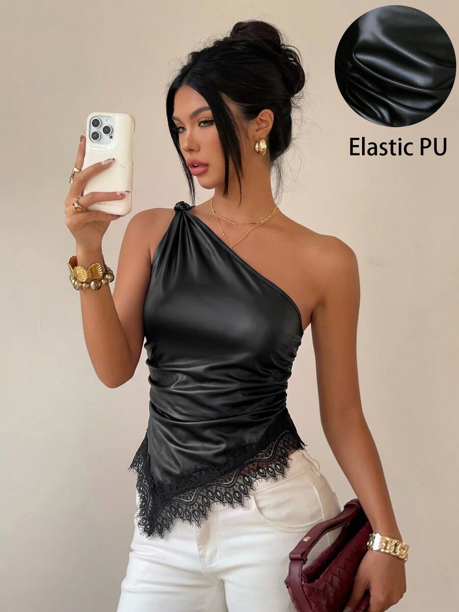 Siren Gaze 女款純色對比蕾絲不對稱下擺單肩無袖時尚上衣,黑色,適合秋季夜店、俱樂部、萬聖節派對、外出穿著,性感風格 - 黑色 - 查看 1