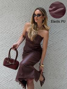 Siren Gaze Women's Lace Patchwork Bandeau Top And Skirt Fashion 2 Pieces Set Party Dinner Night Out Date Night Night Burgundy Fall Sexy - Burgundy - View 2