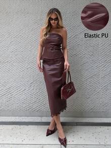 Siren Gaze Women's Lace Patchwork Bandeau Top And Skirt Fashion 2 Pieces Set Party Dinner Night Out Date Night Night Burgundy Fall Sexy - Burgundy - View 1