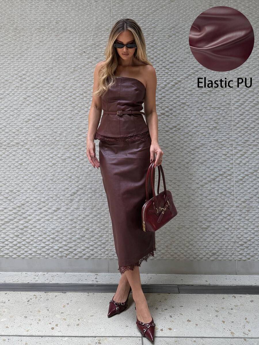 Siren Gaze Women's Lace Patchwork Bandeau Top And Skirt Fashion 2 Pieces Set Party Dinner Night Out Date Night Night Burgundy Fall Sexy - Burgundy - View 1
