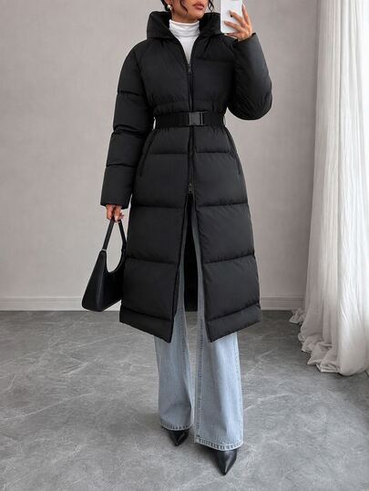Rafferiza Women's Long Belted Puffer Winter Coat With Hood – Thick Warm Down Alternative Parka, Waterproof Windproof Quilted Jacket For Extreme Cold, Black