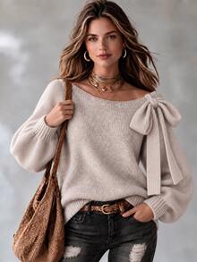 LUMIGAL Women's Fall/Winter Crew-Neck Loose-Fitting Pullover Sweater, With Bow Decoration, Suitable For Daily Wear And For Casual Outings. - Khaki - View 7