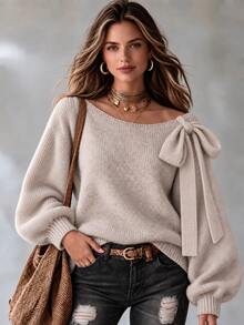 LUMIGAL Women's Fall/Winter Crew-Neck Loose-Fitting Pullover Sweater, With Bow Decoration, Suitable For Daily Wear And For Casual Outings. - Khaki - View 8