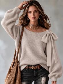 LUMIGAL Women's Fall/Winter Crew-Neck Loose-Fitting Pullover Sweater, With Bow Decoration, Suitable For Daily Wear And For Casual Outings. - Khaki - View 2
