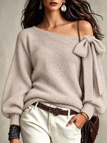 LUMIGAL Women's Fall/Winter Crew-Neck Loose-Fitting Pullover Sweater, With Bow Decoration, Suitable For Daily Wear And For Casual Outings. - Khaki - View 6