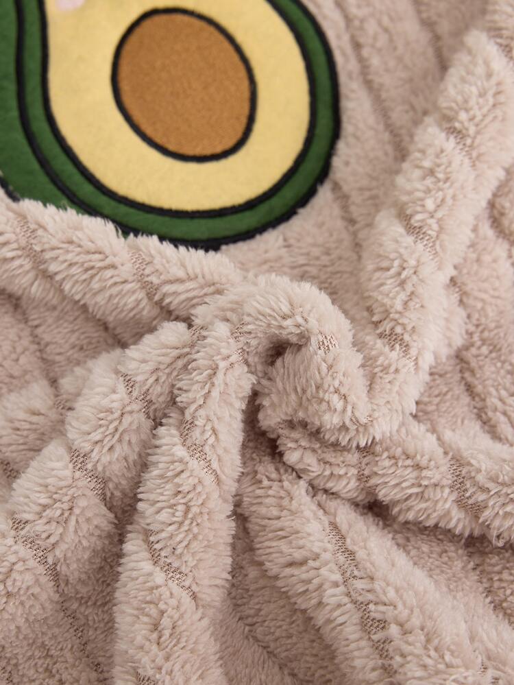SHEIN Cottnline Mint Green Fuzzy Plush Cute AVOCADO Embroidery Detail Round Neck Long Sleeved Shirt & Paw Embroidery Long Pants Homewear Comfort Cute Pajama Set - Beige - View 7