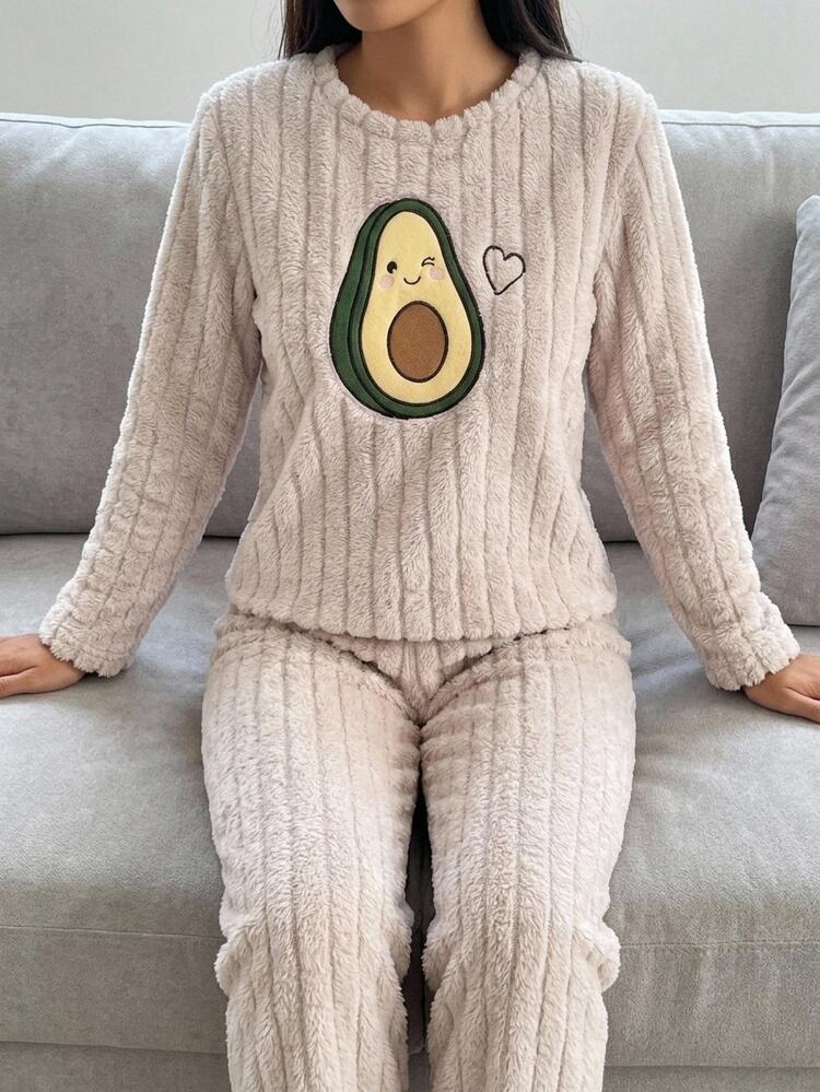 SHEIN Cottnline Mint Green Fuzzy Plush Cute AVOCADO Embroidery Detail Round Neck Long Sleeved Shirt & Paw Embroidery Long Pants Homewear Comfort Cute Pajama Set - Beige - View 1