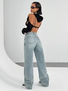 RiviMae Light Washed High Waist Straight Fit Jean - أزرق داكن - مشاهدة 2