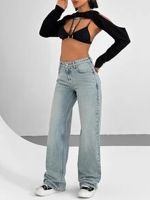 RiviMae Light Washed High Waist Straight Fit Jean - أزرق داكن - مشاهدة 8