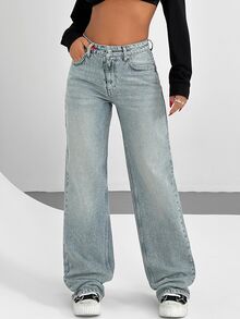 RiviMae Light Washed High Waist Straight Fit Jean - أزرق داكن - مشاهدة 1
