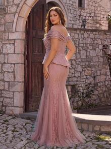 Glamrae Plus Size Elegant Luxurious Lotus Pink Sequin Lace Mesh Patchwork Off-Shoulder Sheer Sleeve Fish Tail Hem Triangle Mesh Splicing Evening Gown For Party, Ball, Date, Vacation, Wedding, Music Festival, Gala (Heavy Workmanship Design) - Dusty Pink - View 3