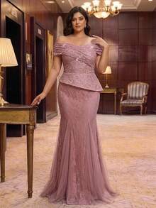Glamrae Plus Size Elegant Luxurious Lotus Pink Sequin Lace Mesh Patchwork Off-Shoulder Sheer Sleeve Fish Tail Hem Triangle Mesh Splicing Evening Gown For Party, Ball, Date, Vacation, Wedding, Music Festival, Gala (Heavy Workmanship Design) - Dusty Pink - View 4
