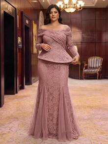 Glamrae Plus Size Elegant Luxurious Lotus Pink Sequin Lace Mesh Patchwork Off-Shoulder Sheer Sleeve Fish Tail Hem Triangle Mesh Splicing Evening Gown For Party, Ball, Date, Vacation, Wedding, Music Festival, Gala (Heavy Workmanship Design) - Dusty Pink - View 6