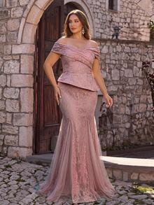 Glamrae Plus Size Elegant Luxurious Lotus Pink Sequin Lace Mesh Patchwork Off-Shoulder Sheer Sleeve Fish Tail Hem Triangle Mesh Splicing Evening Gown For Party, Ball, Date, Vacation, Wedding, Music Festival, Gala (Heavy Workmanship Design) - Dusty Pink - View 7