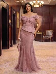 Glamrae Plus Size Elegant Luxurious Lotus Pink Sequin Lace Mesh Patchwork Off-Shoulder Sheer Sleeve Fish Tail Hem Triangle Mesh Splicing Evening Gown For Party, Ball, Date, Vacation, Wedding, Music Festival, Gala (Heavy Workmanship Design) - Dusty Pink - View 5