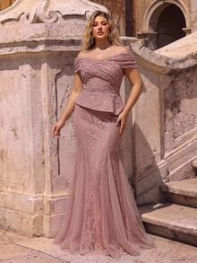Glamrae Plus Size Elegant Luxurious Lotus Pink Sequin Lace Mesh Patchwork Off-Shoulder Sheer Sleeve Fish Tail Hem Triangle Mesh Splicing Evening Gown For Party, Ball, Date, Vacation, Wedding, Music Festival, Gala (Heavy Workmanship Design) - Dusty Pink - View 1