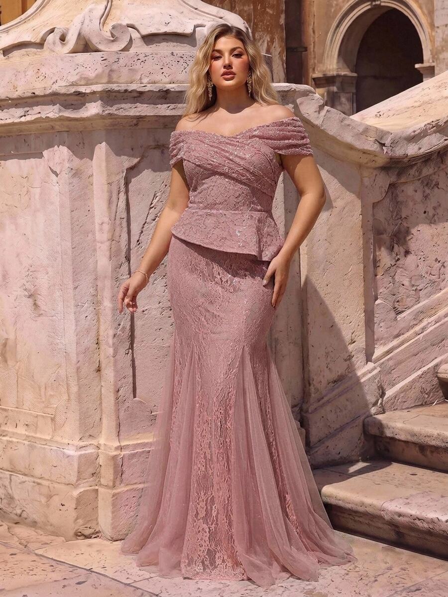 Glamrae Plus Size Elegant Luxurious Lotus Pink Sequin Lace Mesh Patchwork Off-Shoulder Sheer Sleeve Fish Tail Hem Triangle Mesh Splicing Evening Gown For Party, Ball, Date, Vacation, Wedding, Music Festival, Gala (Heavy Workmanship Design) - Dusty Pink - View 1