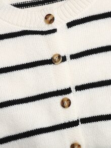 SHEIN 兒童青少年女孩休閒長袖黑白條紋開襟衫，秋冬服飾，條紋 - 白色 - 查看 9