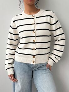 SHEIN 兒童青少年女孩休閒長袖黑白條紋開襟衫，秋冬服飾，條紋 - 白色 - 查看 14