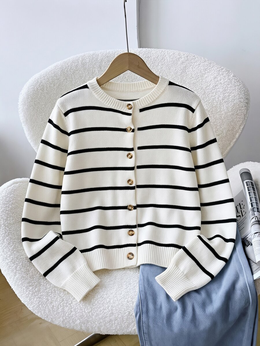 SHEIN 兒童青少年女孩休閒長袖黑白條紋開襟衫,秋冬服飾,條紋 - 白色 - 查看 1
