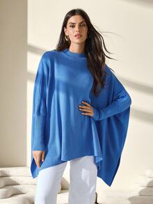 EURMUSE Casual Solid Color Batwing Sleeve Side Slit Sweater, Autumn/Winter Everyday Cornflower Blue - Blue - View 6