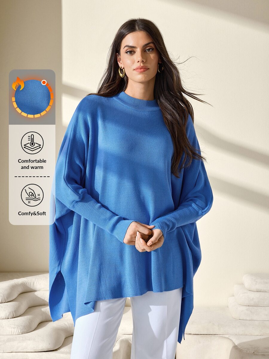 EURMUSE Casual Solid Color Batwing Sleeve Side Slit Sweater, Autumn/Winter Everyday Cornflower Blue - Blue - View 1