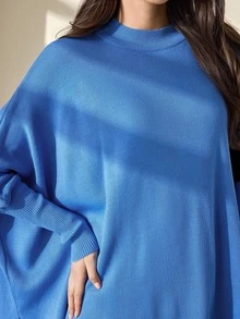 EURMUSE Casual Solid Color Batwing Sleeve Side Slit Sweater, Autumn/Winter Everyday Cornflower Blue - Blue - View 5