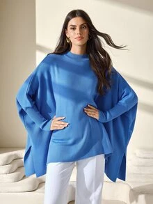 EURMUSE Casual Solid Color Batwing Sleeve Side Slit Sweater, Autumn/Winter Everyday Cornflower Blue - Blue - View 4
