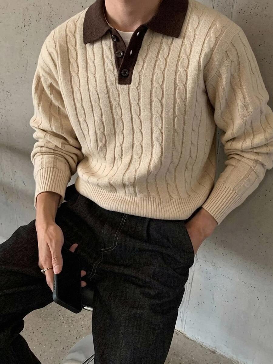 Claim Dot Men's Chic Design Mature Casual Pullover Sweater , Patchwork White And Brown, Contrast Color Polo Collar Formal ,Suitable For Daily - Apricot - View 1