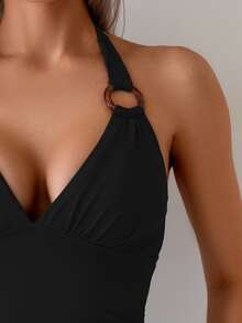 Oceva 1pc Women's Solid Color V-Neck Halter Backless One-Piece Swimsuit, Slimming Fit For Beach, Pool, Vacation For Summer - Black - View 3