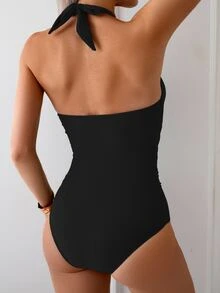 Oceva 1pc Women's Solid Color V-Neck Halter Backless One-Piece Swimsuit, Slimming Fit For Beach, Pool, Vacation For Summer - Black - View 2