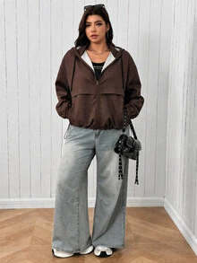SHEIN EZwear 大尺碼女款格子拉鍊連帽休閒街頭風外套，日常通勤辦公穿搭，秋季棕色斑點，秋冬款 - 巧克力棕 - 查看 7