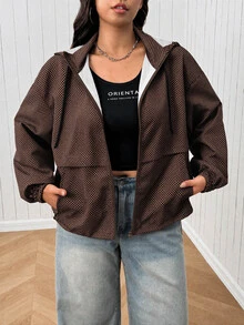 SHEIN EZwear 大尺碼女款格子拉鍊連帽休閒街頭風外套，日常通勤辦公穿搭，秋季棕色斑點，秋冬款 - 巧克力棕 - 查看 6