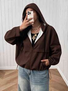 SHEIN EZwear 大尺碼女款格子拉鍊連帽休閒街頭風外套，日常通勤辦公穿搭，秋季棕色斑點，秋冬款 - 巧克力棕 - 查看 4