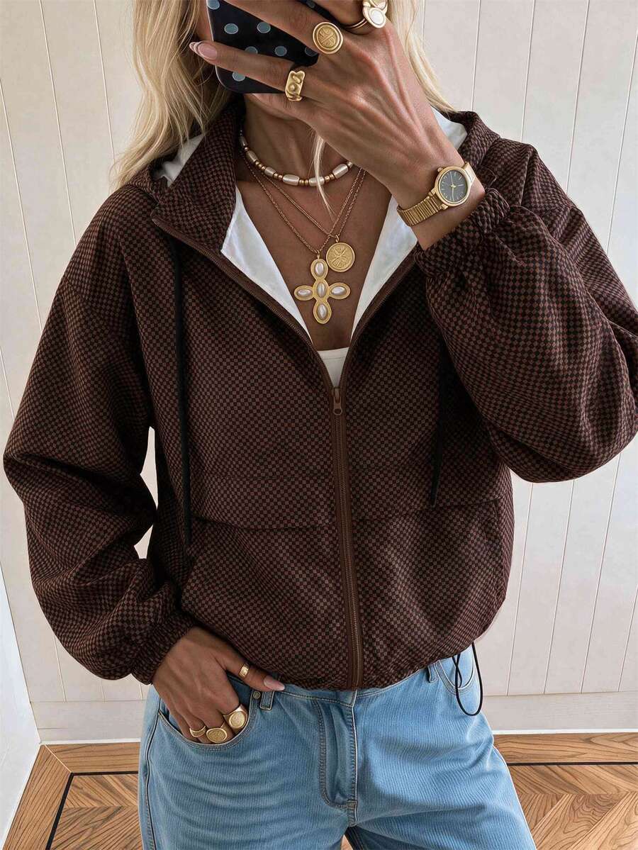 SHEIN EZwear 大尺碼女款格子拉鍊連帽休閒街頭風外套,日常通勤辦公穿搭,秋季棕色斑點,秋冬款 - 巧克力棕 - 查看 1
