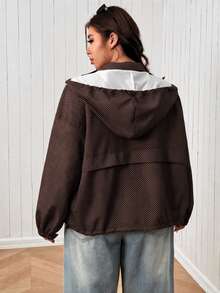 SHEIN EZwear 大尺碼女款格子拉鍊連帽休閒街頭風外套，日常通勤辦公穿搭，秋季棕色斑點，秋冬款 - 巧克力棕 - 查看 3