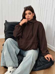 SHEIN EZwear 大尺碼女款格子拉鍊連帽休閒街頭風外套，日常通勤辦公穿搭，秋季棕色斑點，秋冬款 - 巧克力棕 - 查看 5
