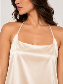 Zerodot Gaun Mini Slip Satin Krem Wanita dengan Punggung Terbuka untuk Pesta, Acara Keluar Rumah, Musim Gugur, dan Pra-Musim Gugur - Aprikot - View 5