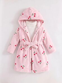 SHEIN Baju Santai Kasual Bayi Perempuan Rajut Warna Polos Motif Ceri dengan Tudung dan Bulu Imitasi, Cocok untuk Musim Gugur dan Musim Dingin - MultiWarna - View 5