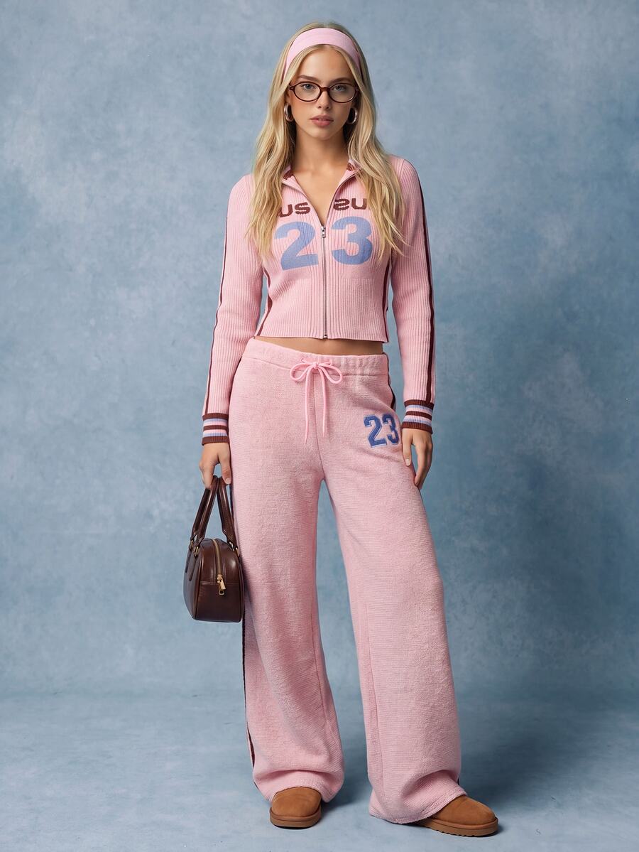 Comfortcana Women's Digital Embroidery Drawstring Waist Casual Knit Long Pants School Everyday Chocolate Brown Light Pink Autumn - Pink - View 1