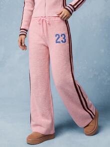 Comfortcana Women's Digital Embroidery Drawstring Waist Casual Knit Long Pants School Everyday Chocolate Brown Light Pink Autumn - Pink - View 4