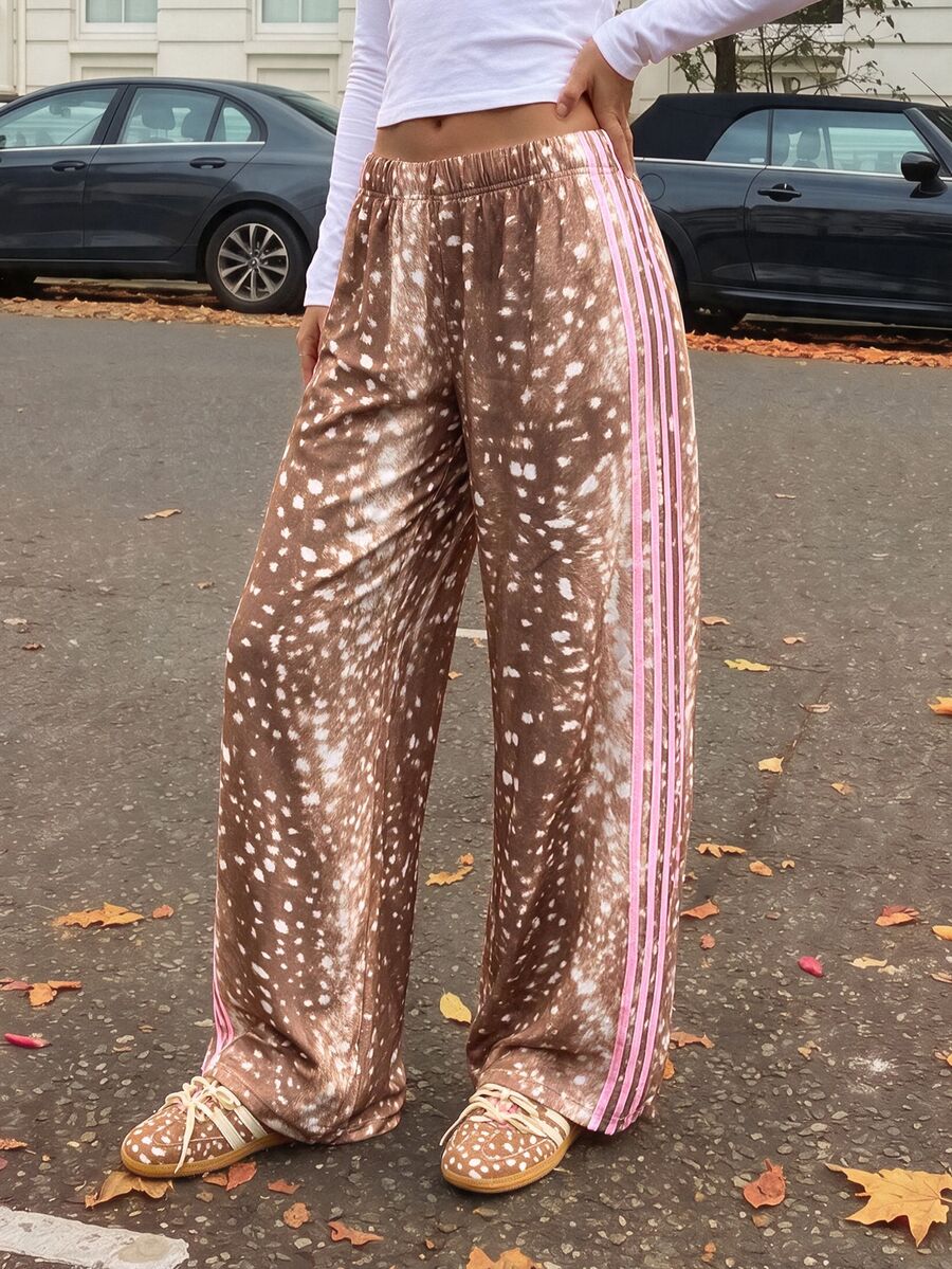 Comfortcana Fall Y2K Streetwear Sweatpants For Street Style, Deer Animal Print Pink Color Block - Brown - View 1