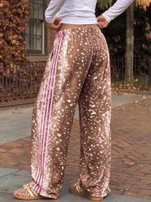Comfortcana Fall Y2K Streetwear Sweatpants For Street Style, Deer Animal Print Pink Color Block - Brown - View 2