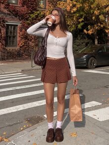 Comfortcana Summer Wide Waistband Fold Pleated Detail Skirt 2000s Style - Brown - View 3