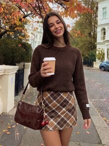 Comfortcana Women's Plaid Lined Skirt, Versatile For Autumn/Winter 2000s Style - Brown - View 6